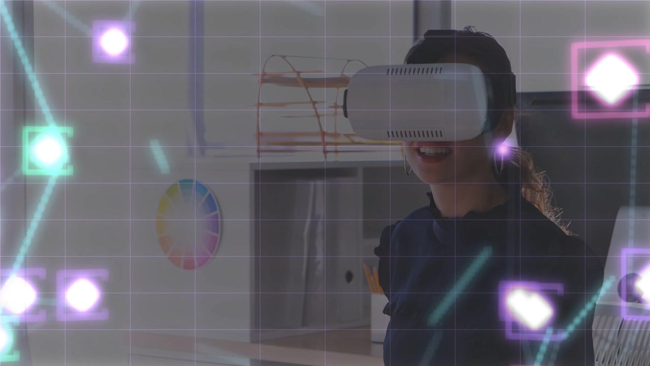 Woman wearing VR headset shifting head in office, causing holographic UI to intensify for tech demo