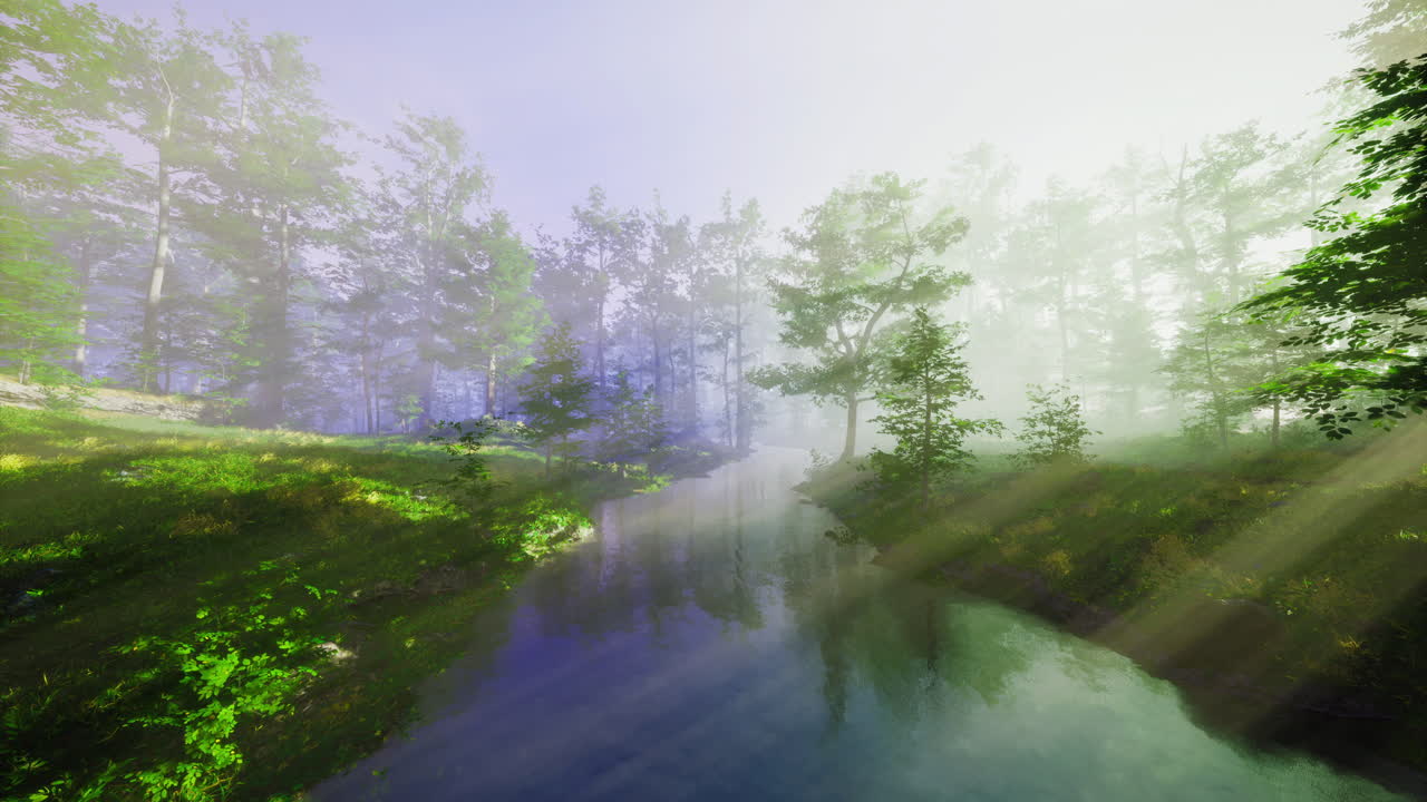 Lush green forest with mist and a tranquil stream in early morning light