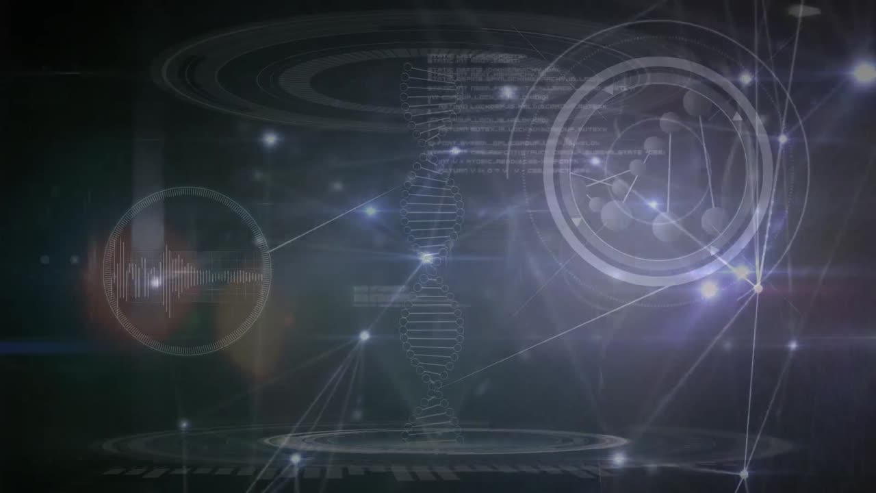 연결 위에 회전하는 dna 가닥의 애니메이션, 파란색 배경의 과학 데이터 처리