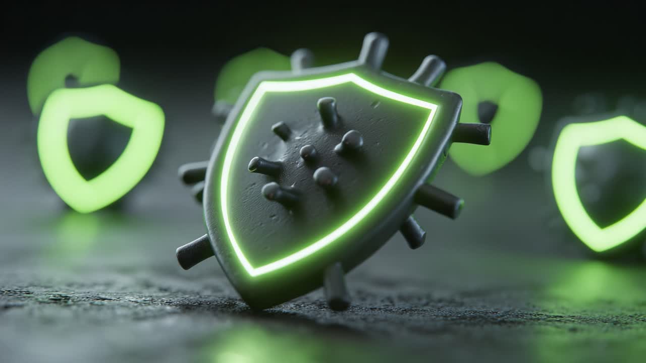 A sleek, stylized shield with a virus symbol, glowing in green hues, stands out against a dark textured surface, representing protection against pathogens in a digital realm