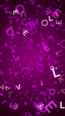 abstract pink background with flying particles, hearts and letters of the word love. looped festive animation. vertical video.