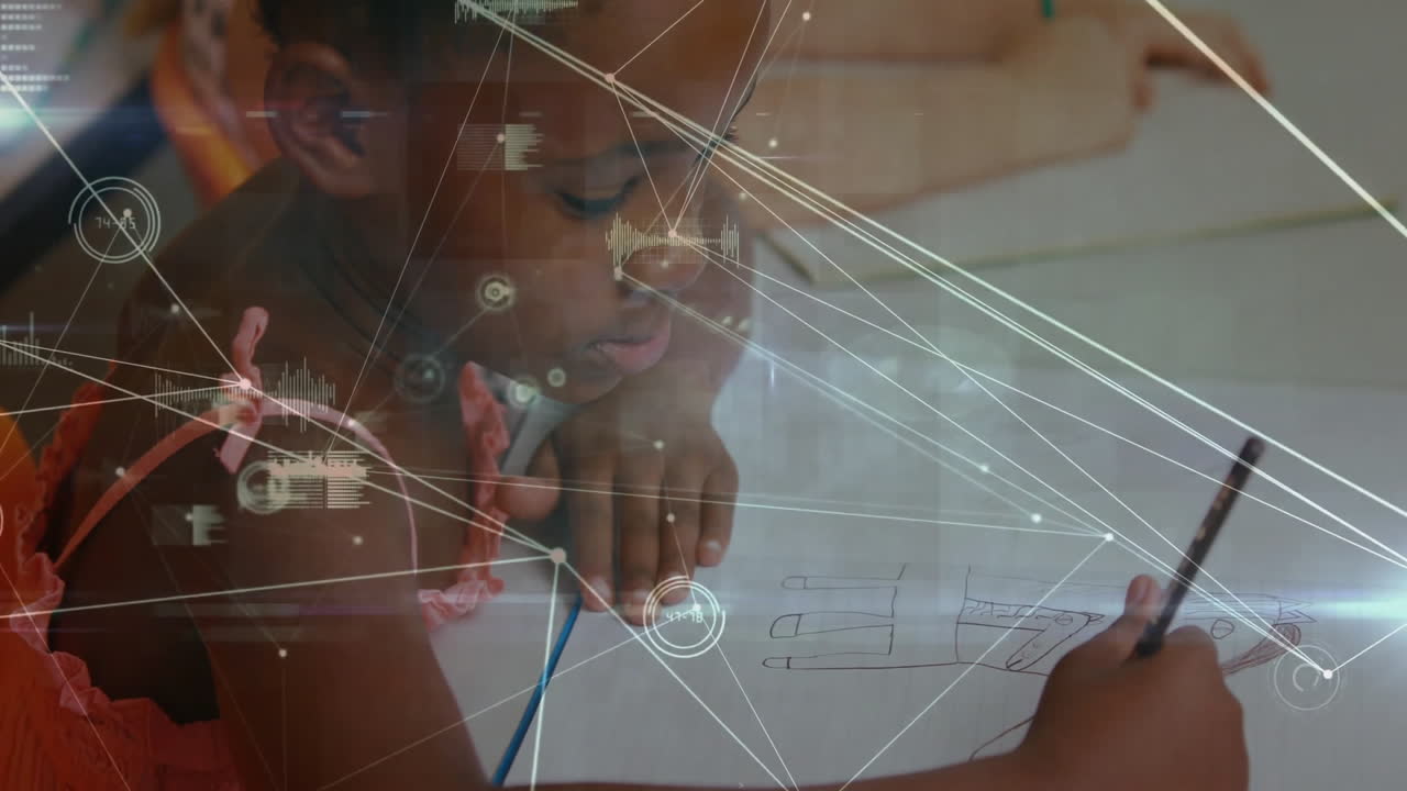 Girl drawing sketches at tabletop, network graphics and data lines floating over paper for edtech