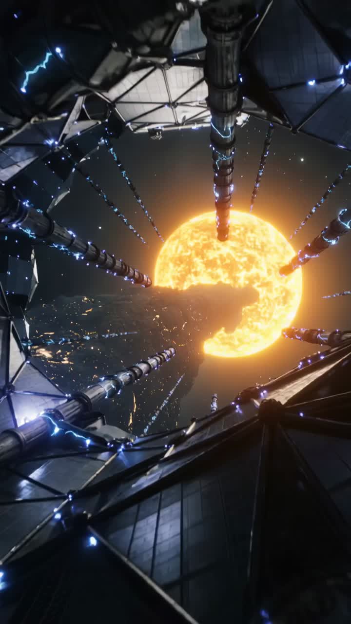 Vertical video: Pulsing blue arcs, camera moving toward yellow star in ring showing dark sector