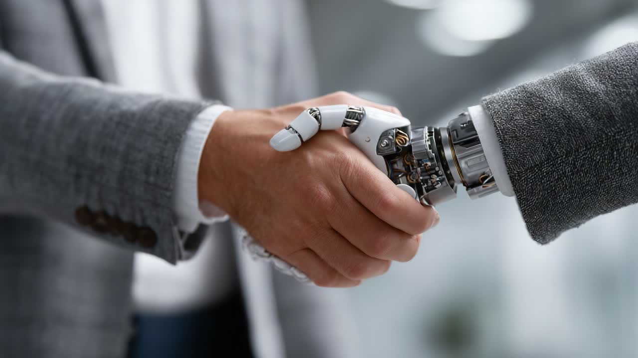A Professional Encounter: The Unique Handshake Between Human and Robot, Symbolizing Collaboration in the Age of Advanced Technology and Artificial Intelligence