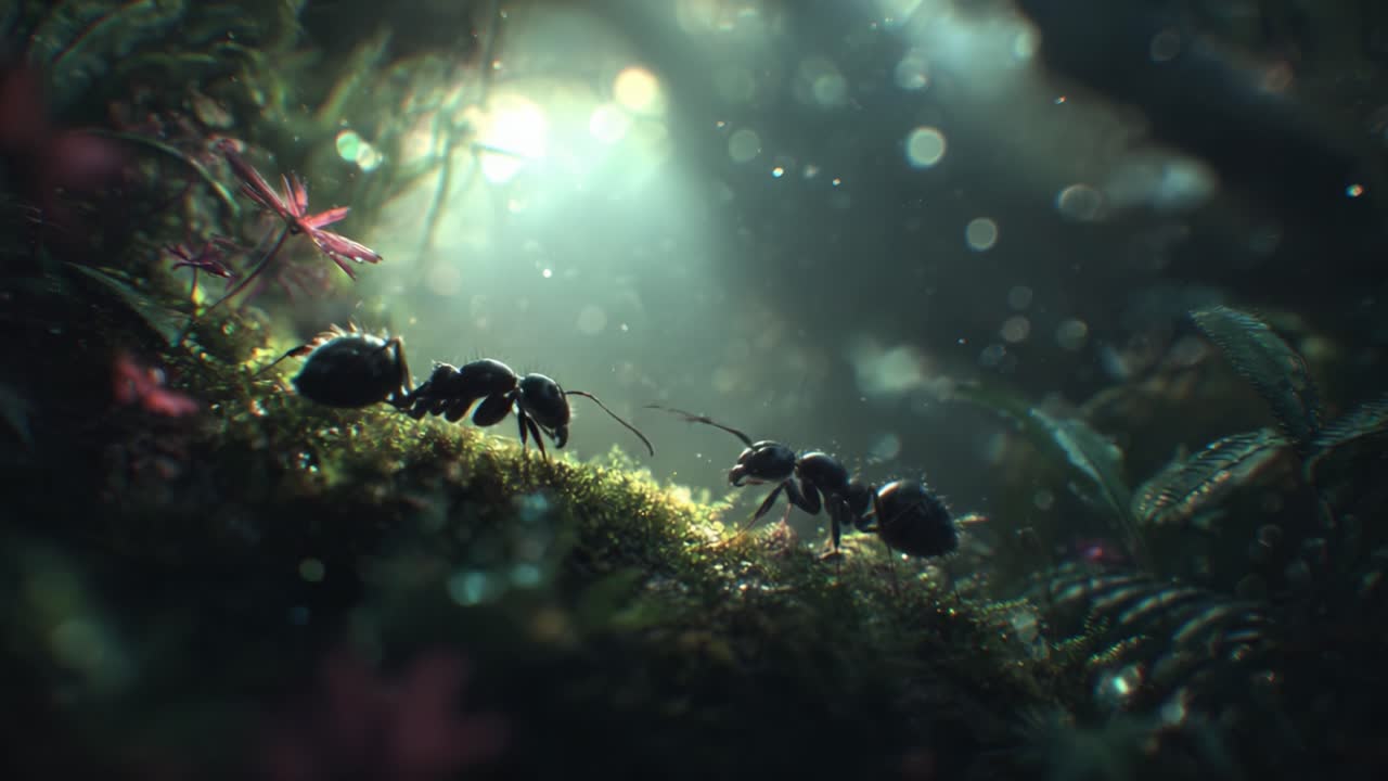A Close-Up Look at Ants in a Lush Forest Environment: Exploring the Intricate Behaviors and Interactions of Nature's Tiny Workers Under Soft Sunlight