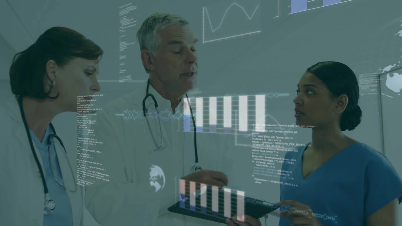 Senior doctor pointing at tablet and nurse tapping screen, medical team reviewing animated charts