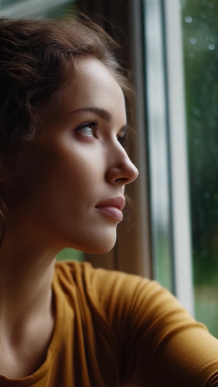 Contemplative Young Woman Gazing Out the Window on a Rainy Day, Capturing a Moment of Reflection and Serenity in a Cozy Indoor Setting
