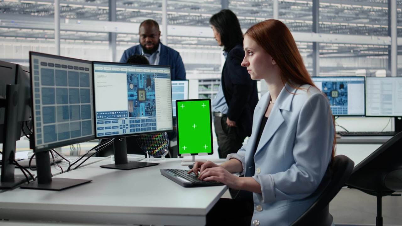 Donna professionista al computer e tablet a schermo verde in un ufficio moderno