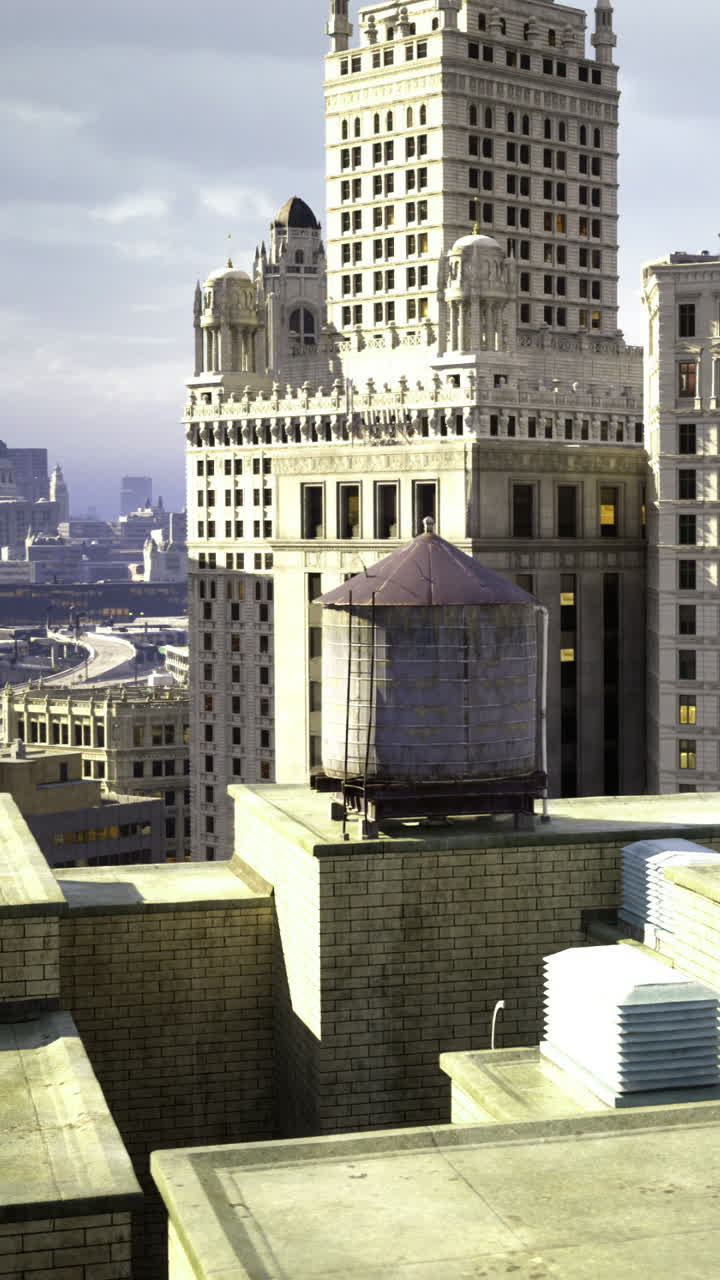 Una torre de agua se alza imponente contra el perfil urbano de una ciudad llena de edificios históricos.