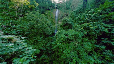 Cinematic-FPV-drone-flight-through-dense-rainforest-to-steep-tropical-waterfall