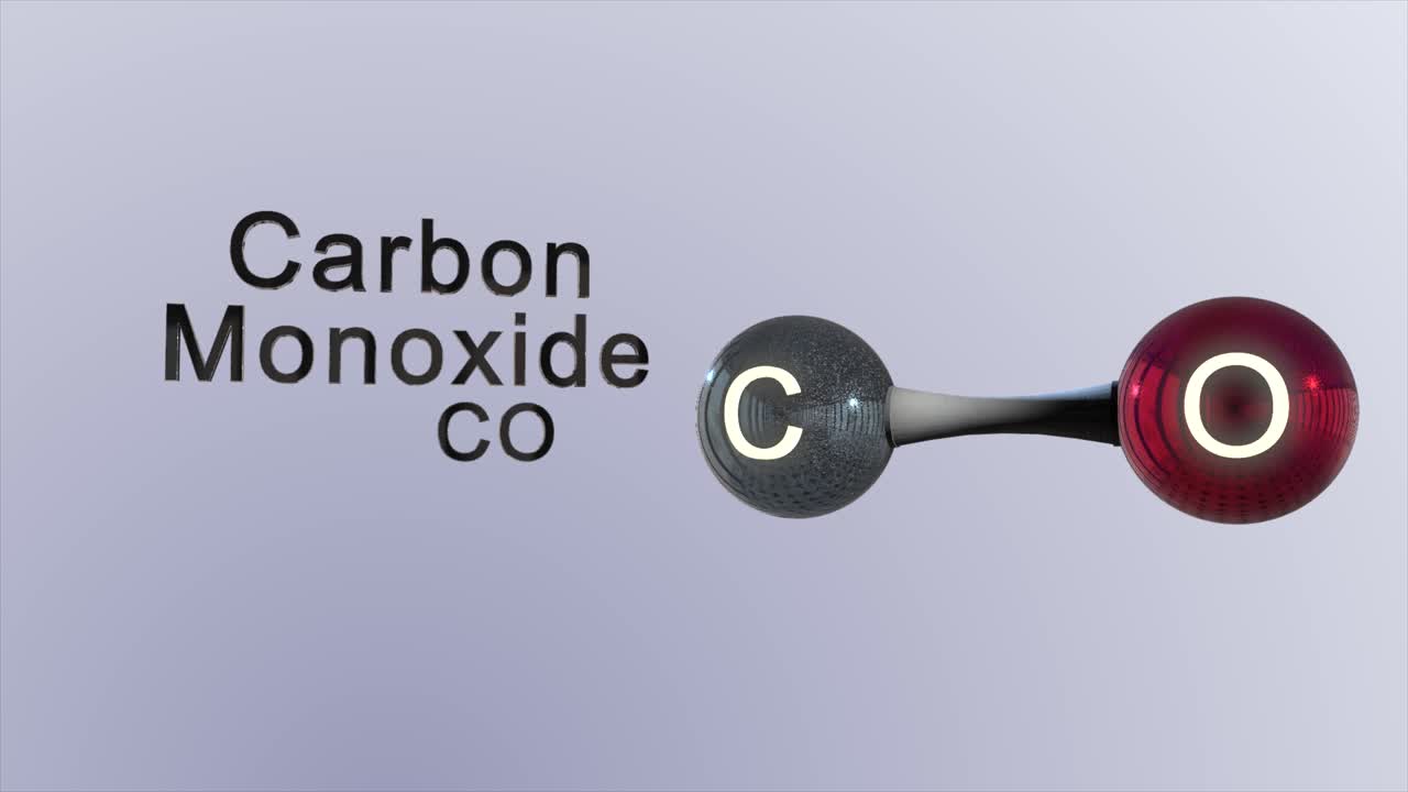 간단한 블랙 라벨과 화학 기호를 사용하여 일산화탄소 분자의 과학적인 분자 모델을 고품질 cgi로 렌더링합니다.