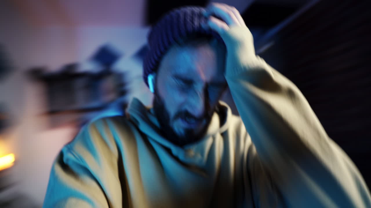 Stress dizziness by overworking at studio editing pov