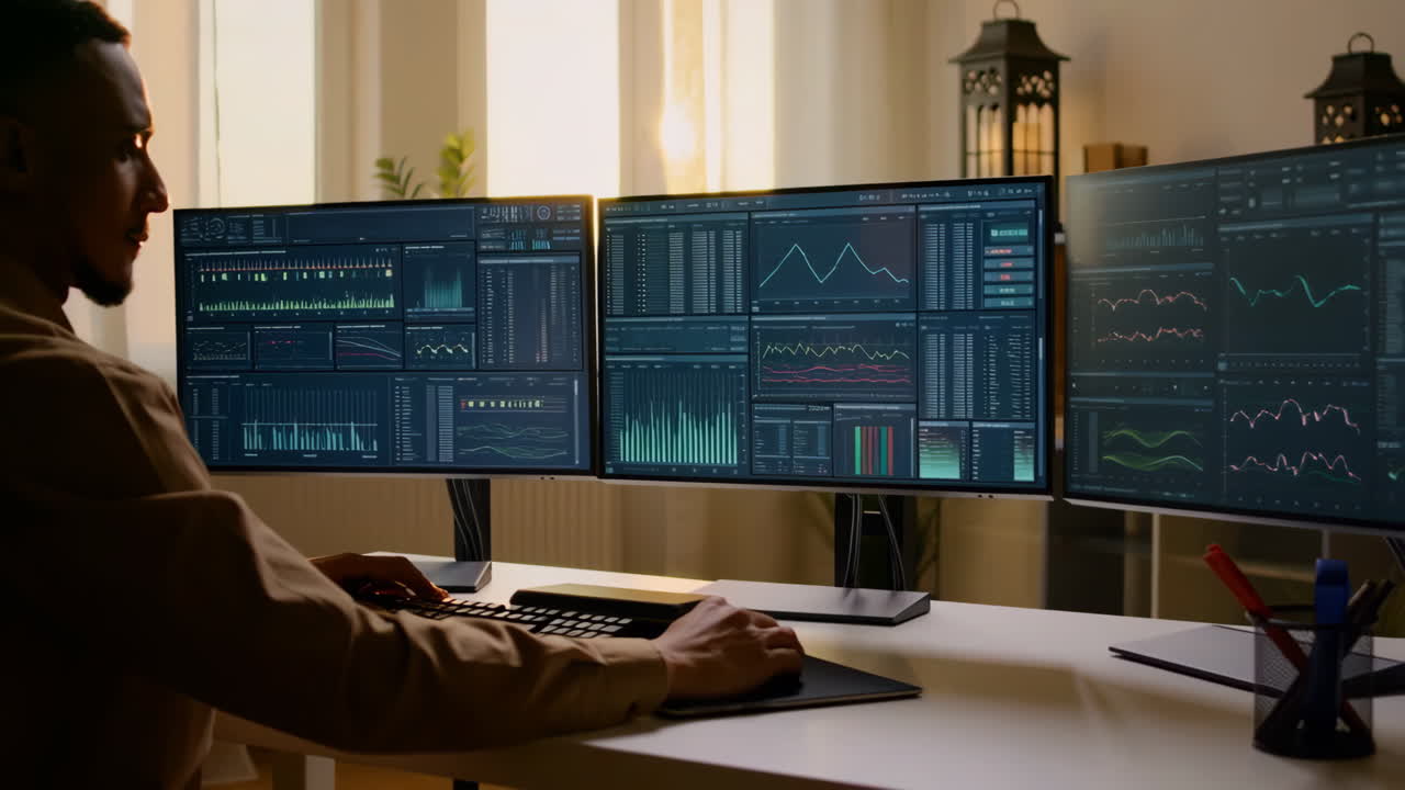Financial Trader Analyzing Stock Market Data on Multi-Screen Setup