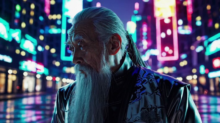 Uomo anziano in una città al neon