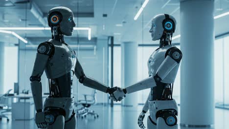 two advanced robots engaging in a formal handshake, demonstrating human-robot interaction in a modern office environment, showcasing cutting-edge technology