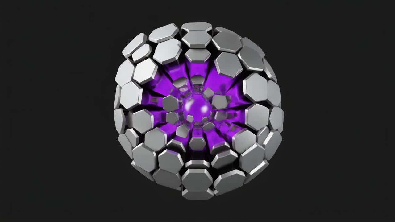Sfera esagonale futuristica rivela un nucleo viola brillante
