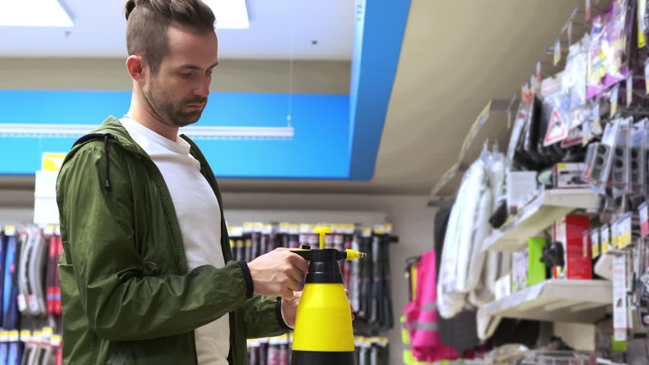 상점 에서 스프레이 병 을 확인 하는 사람