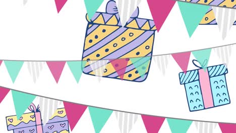 animación de decoraciones y regalos que caen sobre un fondo blanco