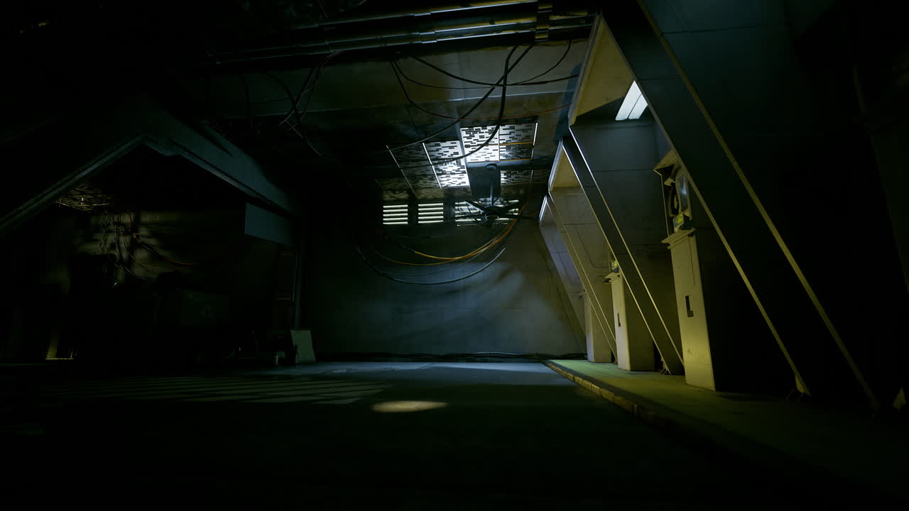 Dark industrial space with exposed pipes and shadows in the corner