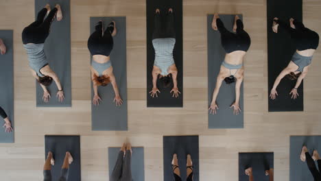 Ansicht-Von-Oben:-Yoga-Kurs.-Gesunde-Frauen-üben-Krieger-Pose-Und-Genießen-Den-Fitness-Lebensstil-Beim-Training-Im-Studio