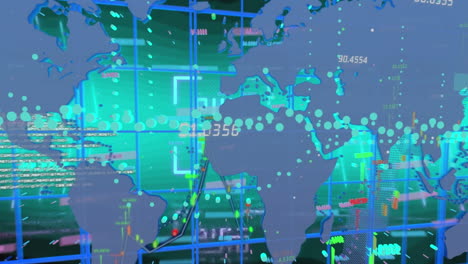 animación de números cambiantes y procesamiento de datos financieros sobre el mapa del mundo contra un fondo gris