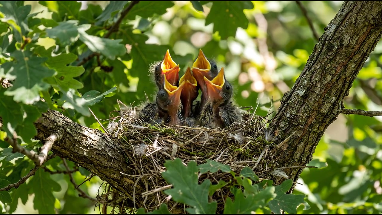 Uccellini in attesa nel nido tra rami verdi di alberi nell'habitat naturale