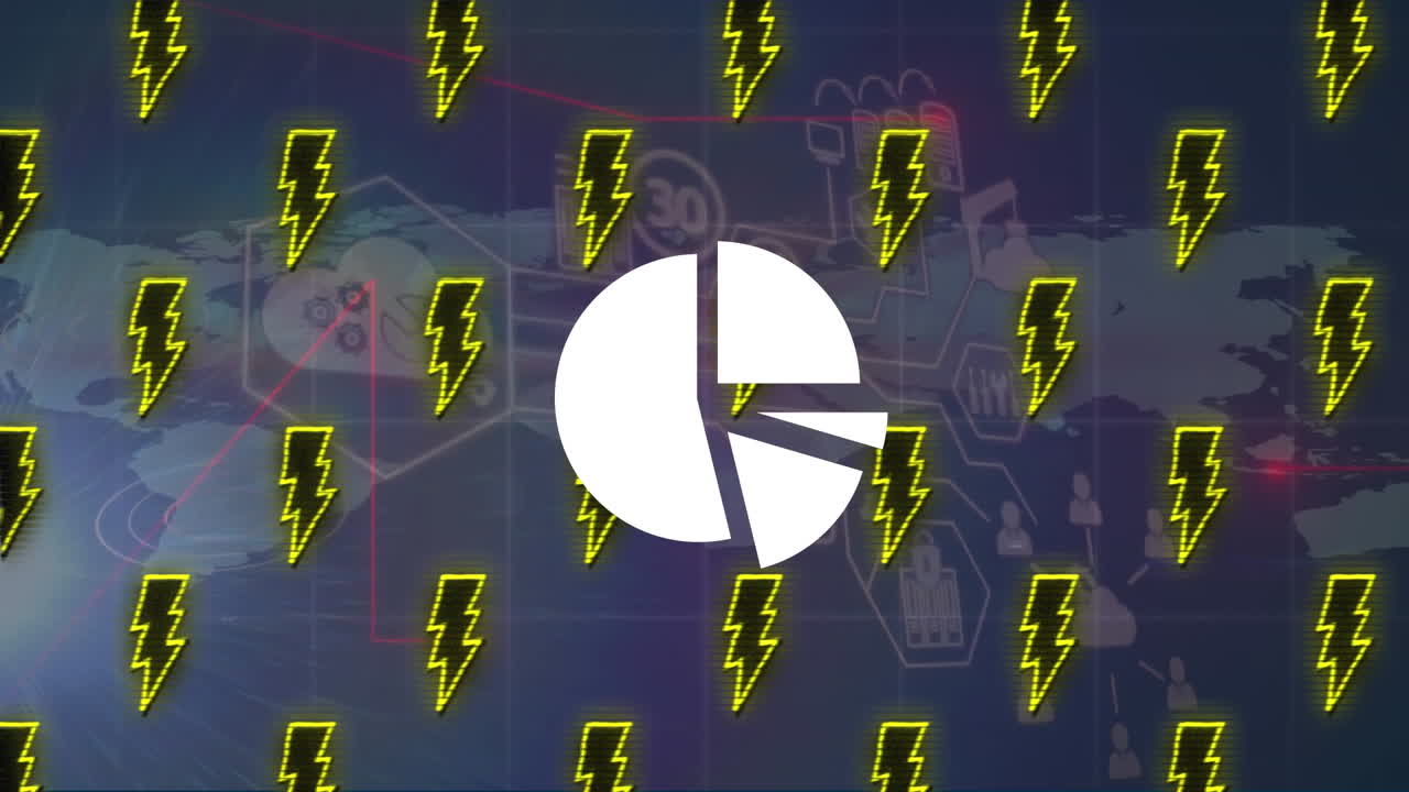 animación del procesamiento de datos sobre íconos y íconos de relámpago.