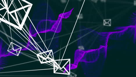 animación de iconos de sobres sobre líneas conectadas y patrón abstracto sobre fondo negro.