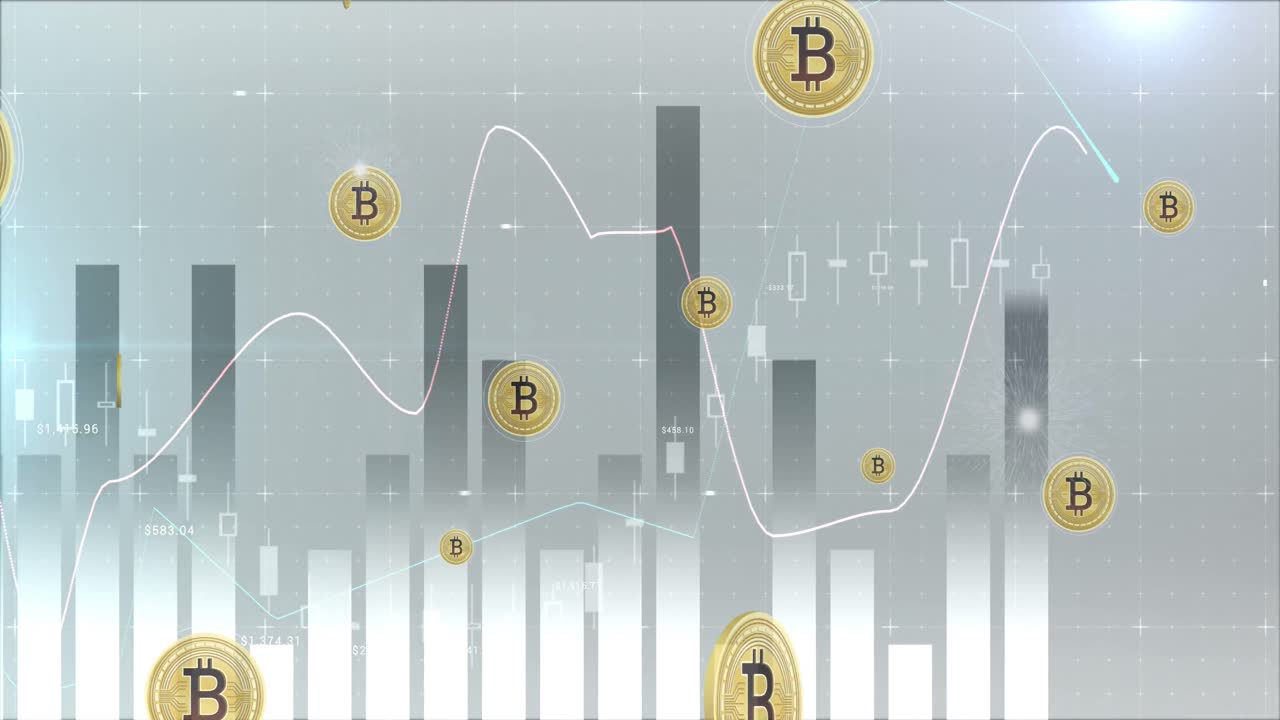 animación del procesamiento de datos sobre los símbolos de bitcoin