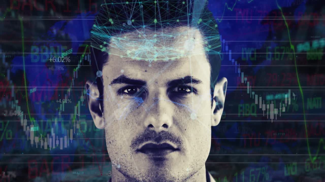 animación de las estadísticas y el procesamiento de datos financieros sobre el hombre caucásico