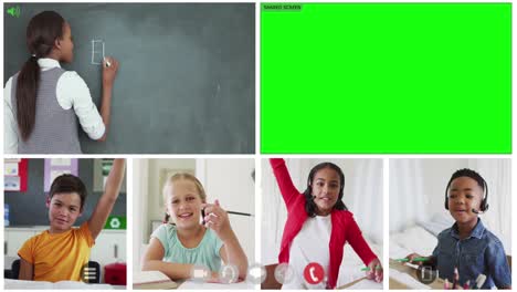 Animation-of-six-screens-of-diverse-children,-teacher-and-green-screen-during-online-school-lesson