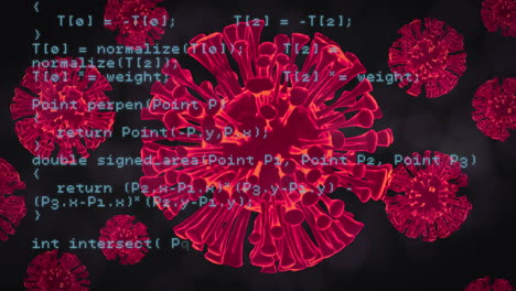 digital composite video of covid-19 cells moving against data processing in background