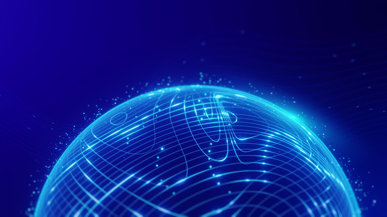 Futurystyczna, świecąca niebieska kula widziana z góry, z cyfrowymi liniami i cząsteczkami na ciemnym tle, idealna do wizualizacji związanych z AI, big data, metaverse, innowacjami i technologią.