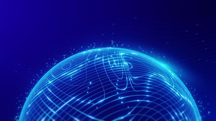 Sfera blu luminosa futuristica vista dall'alto con linee digitali e particelle su sfondo scuro, ideale per AI, big data, metaverso, innovazione e elementi visivi legati alla tecnologia.