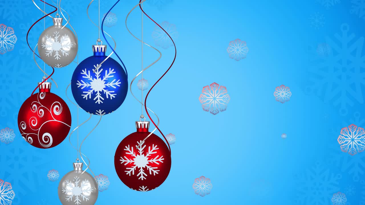 animación de bolas de navidad sobre copos de nieve sobre fondo azul