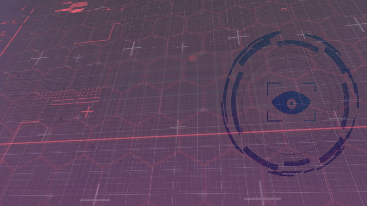 Digital interface displaying red scanning line across grid overlay with reticle featuring eye icon