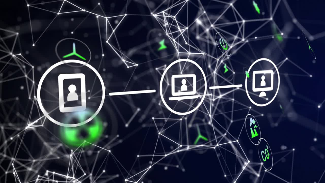 Network opening mobile laptop desktop icons linking while green symbols drifting for eco focus