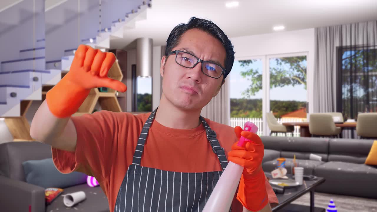 primer plano de ama de casa masculina asiática con un delantal mirando el spray en la mano y luego mostrando los pulgares hacia abajo gesto a la cámara en la casa