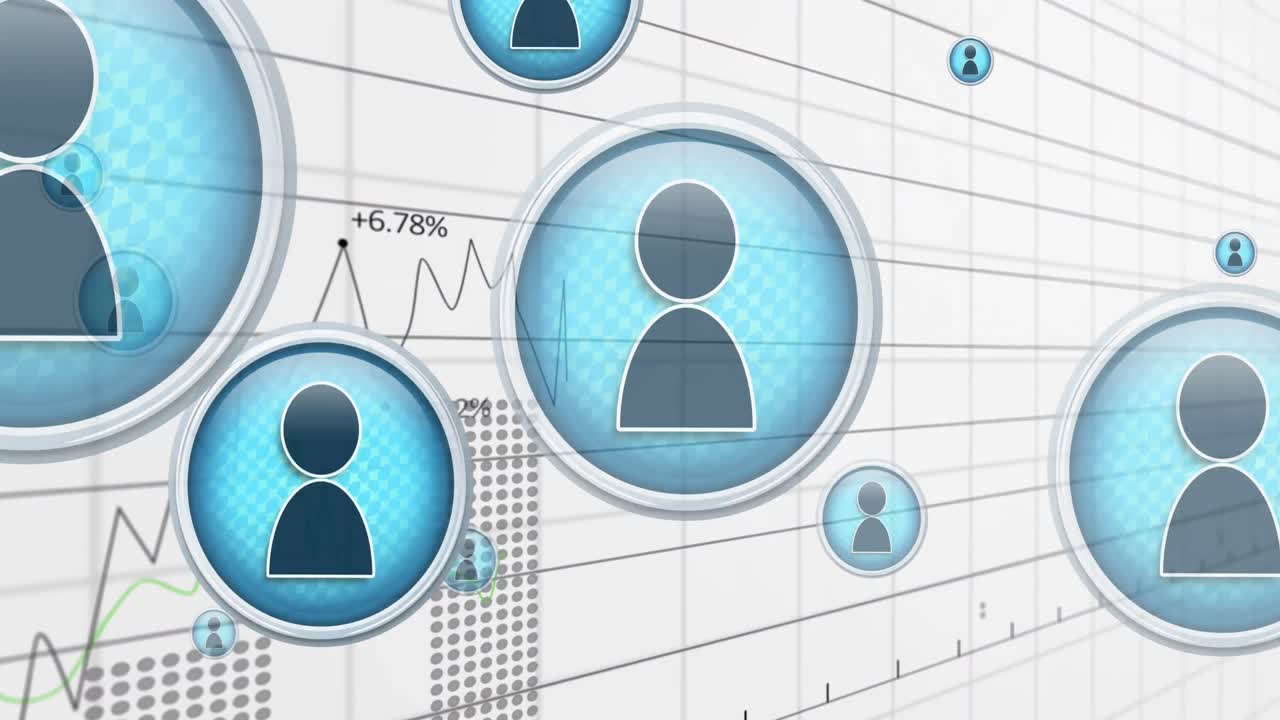 animación de iconos de personas digitales azules volando sobre el procesamiento de estadísticas sobre fondo blanco