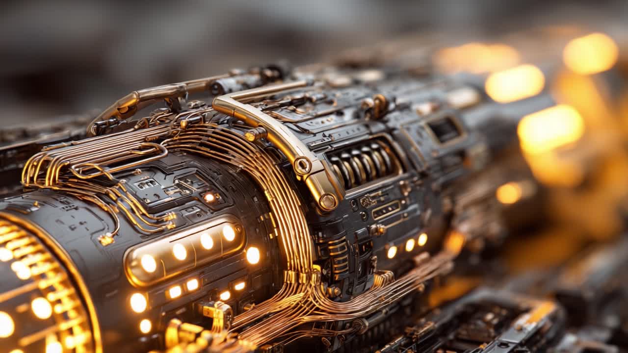 Close-Up on Futuristic Mechanical Engine with Intricate Copper Wiring and Brilliance Illuminating from Within in a Sci-Fi Environment