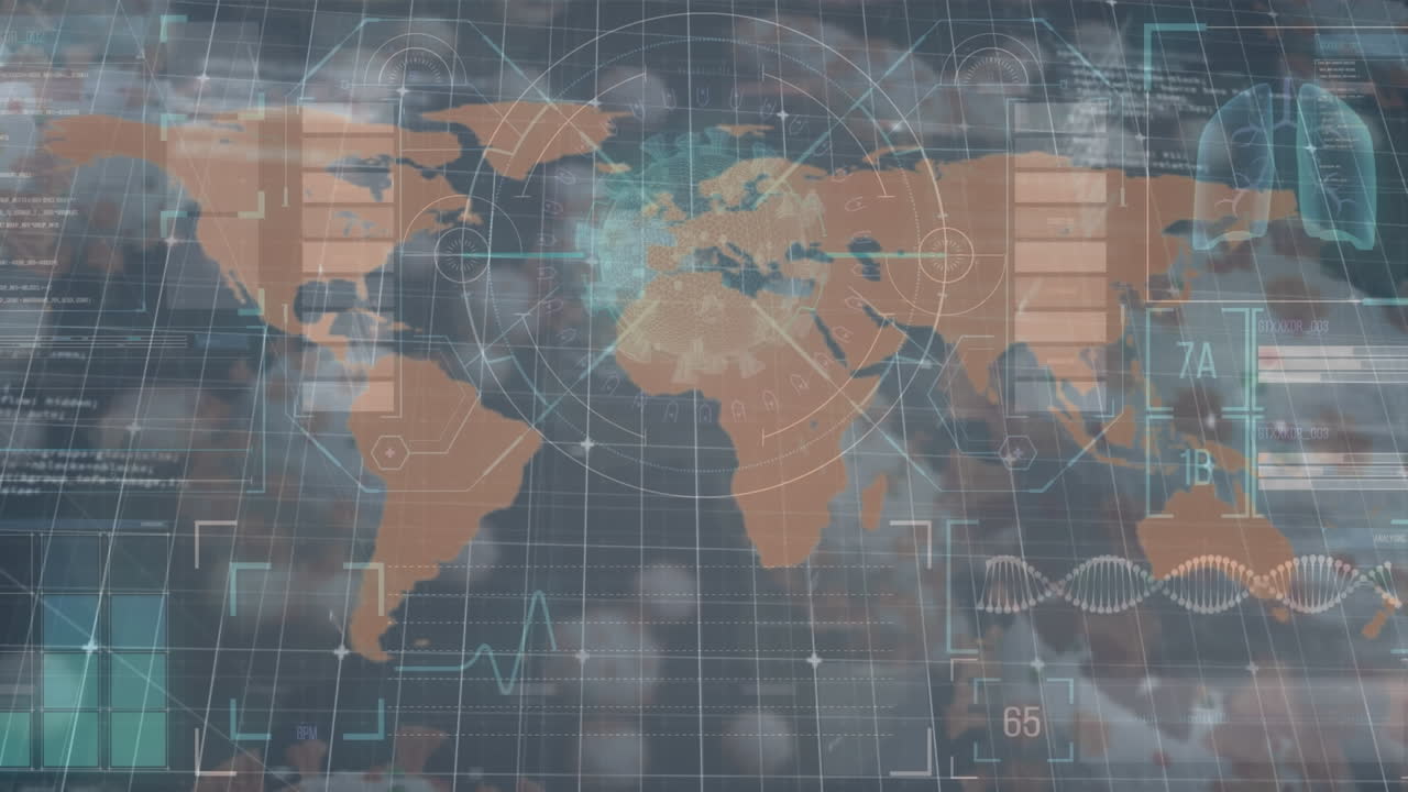 animación de células de covid 19 y procesamiento de datos en el mapa del mundo