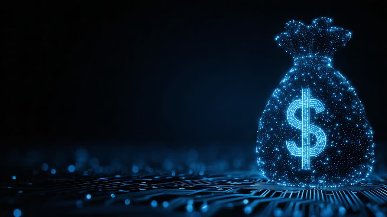 A Glowing Blue Digital Money Bag Symbolizing Wealth, Prosperity, and Financial Technology in a High-Tech Circuit Background