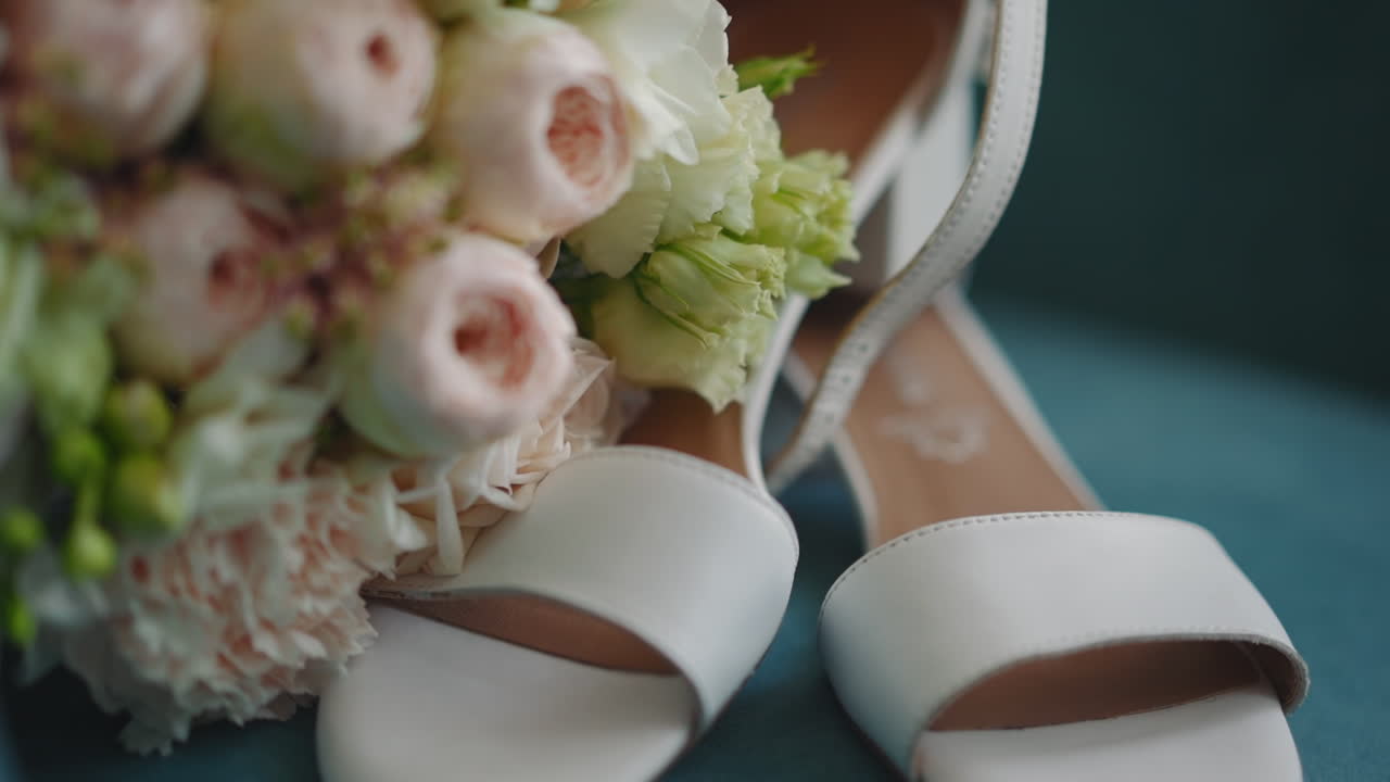 Sapatos peep toe brancos e buquê de casamento em mesa azul