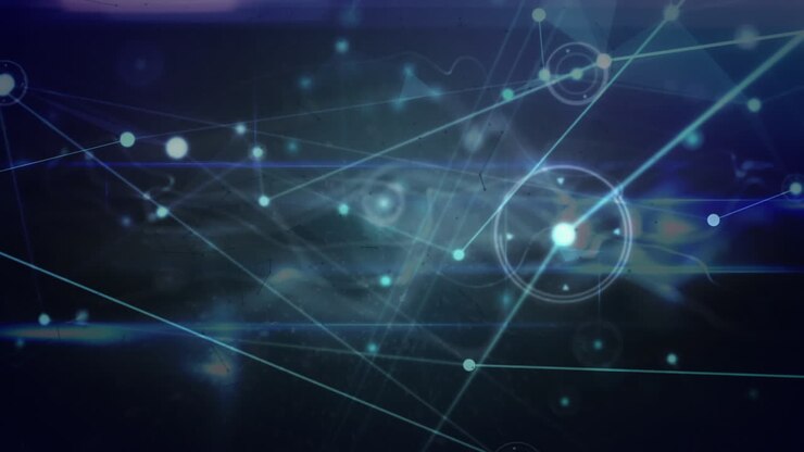 Animation of network of connections over blue digital wave and light trails on blue background