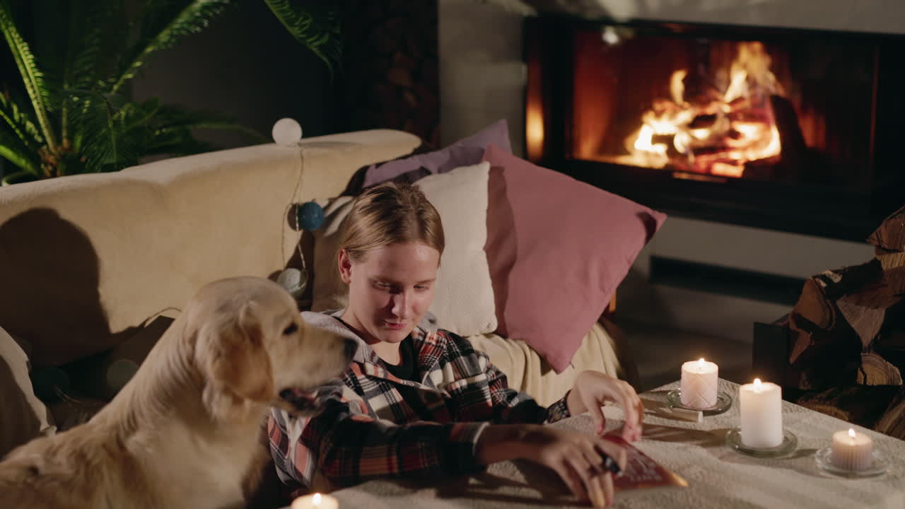 개와 소녀와 함께 집에서 편안한 저녁