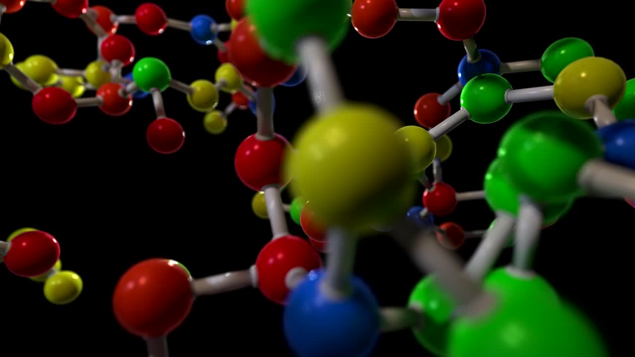 molécula bola y modelo de palo volar a través de los átomos química biología ciencia tecnología