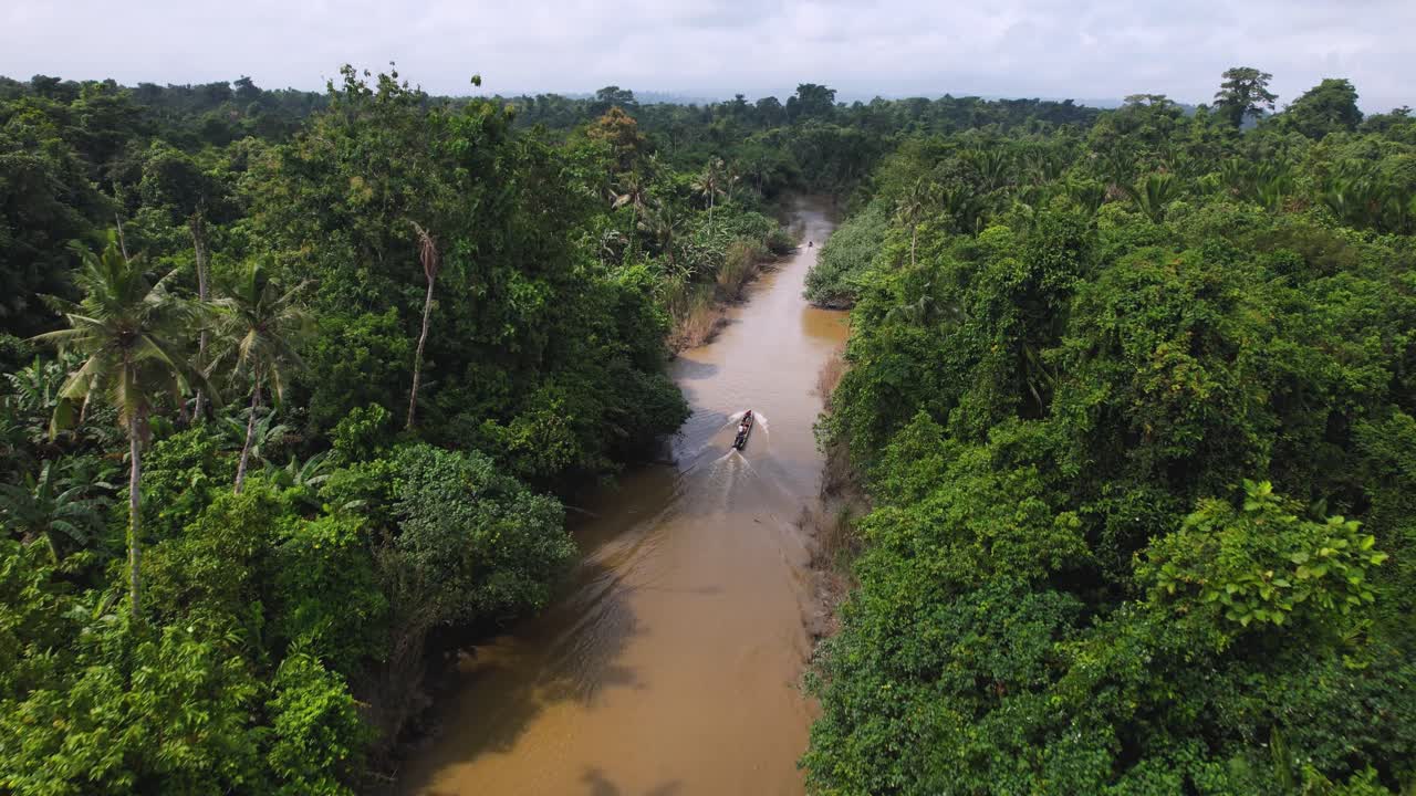 una vista de drone ariel 4k de un barco de cola larga flotando por un río en la jungla