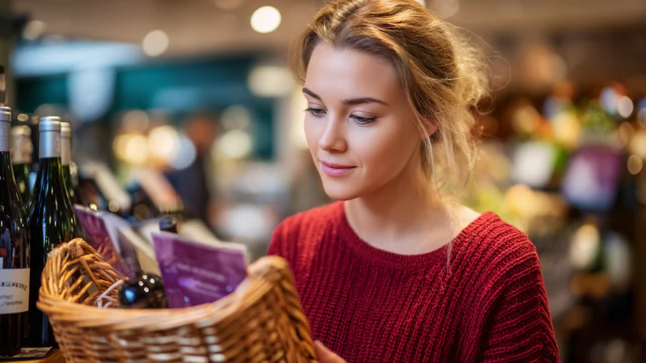 A thoughtful young woman carefully examines various items in a basket while shopping at a market, showcasing her interest in selecting the best products and enjoying the shopping experience