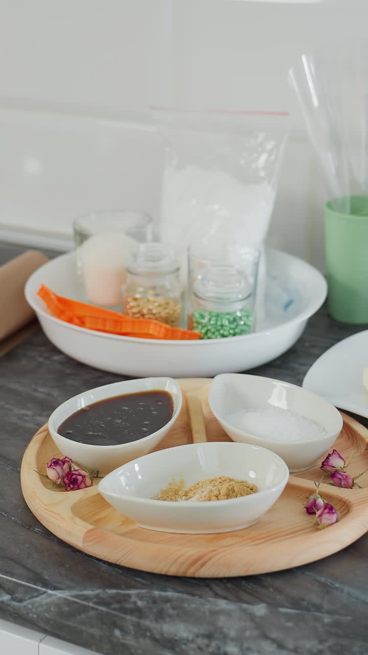 encimera de cocina moderna con cuencos de cerámica llenos de especias, azúcar y salsa en bandeja de madera, mantequilla en plato, frascos de vidrio con ingredientes, tetera de vidrio y herramientas de cocina