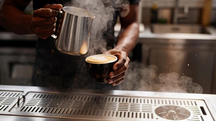 Lancia vapore in funzione, barista che versa il latte dalla lattiera in una tazza nera al bancone del bar, grembiule scuro